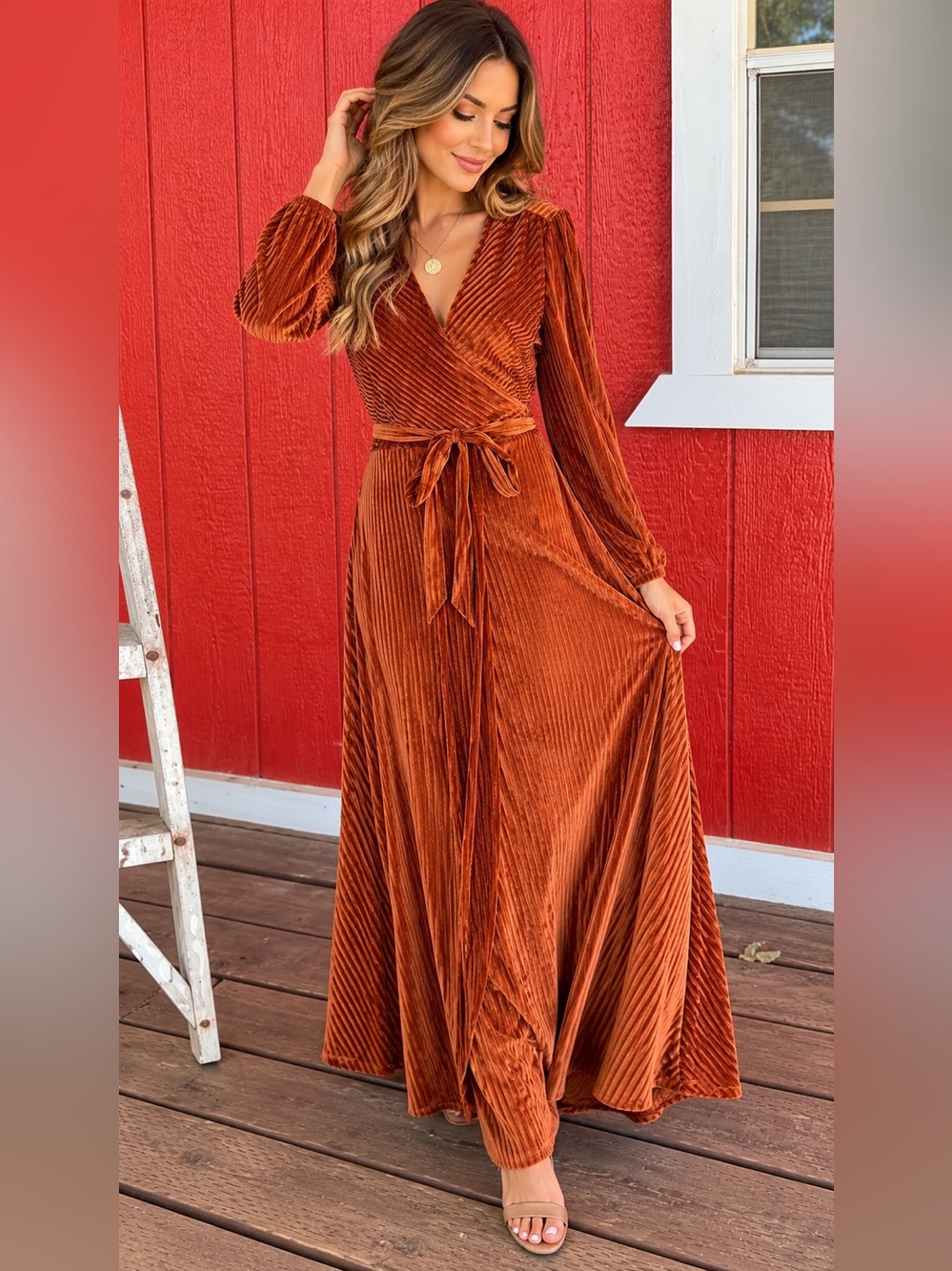 Baltic Born Rust Ribbed Velvet Wrap Maxi Dress Long Sleeve Size L